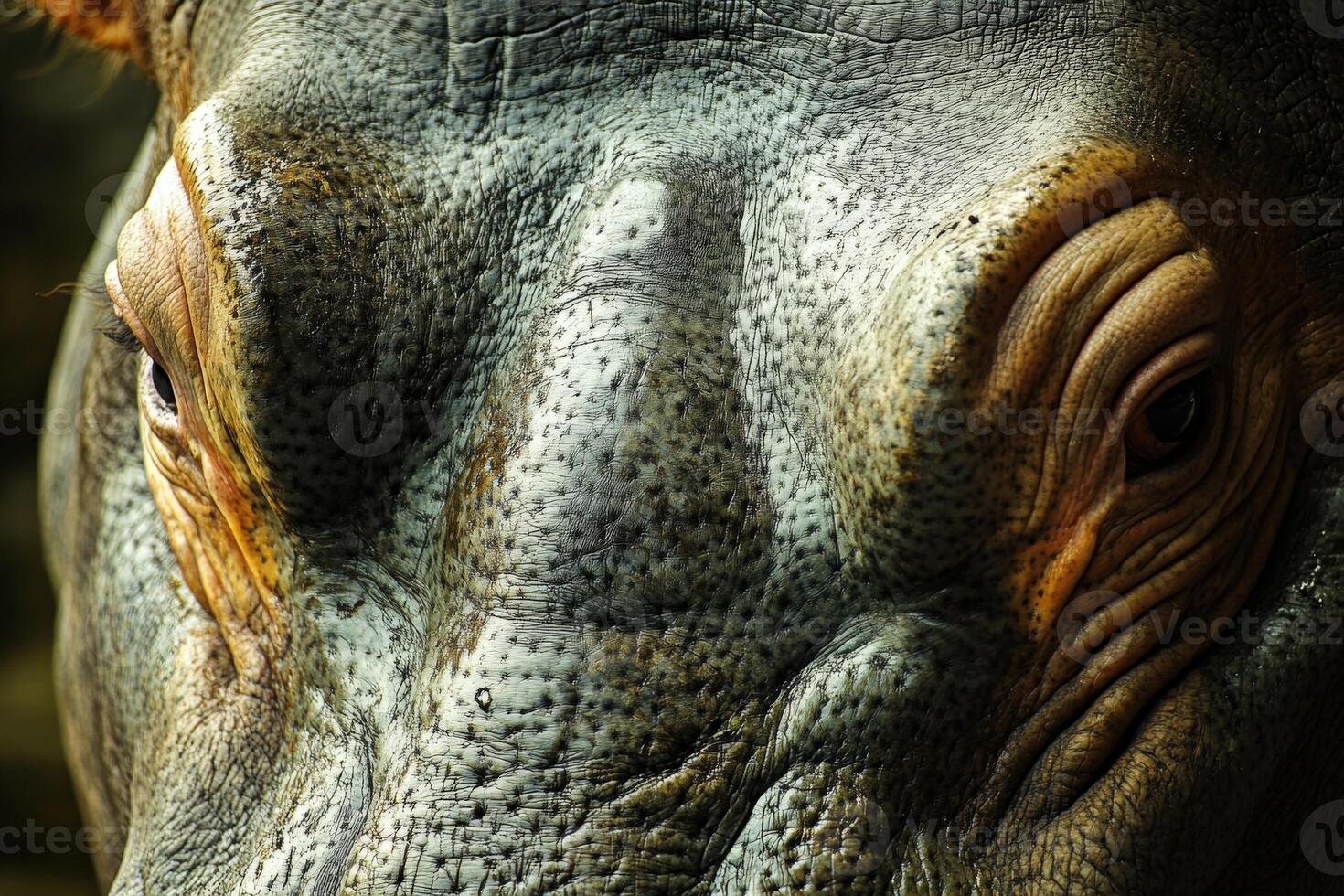 A close up of a hippo's face with a large nose photo