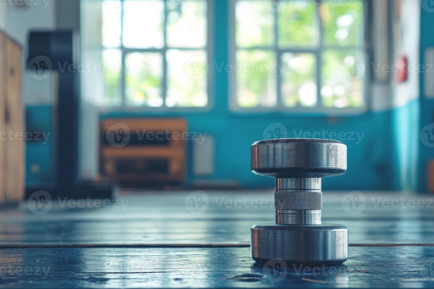 A dumbbell on a wooden floor in a gym photo