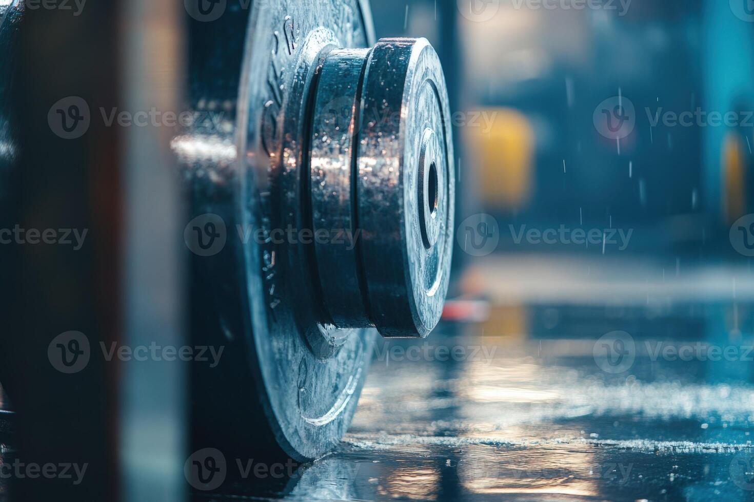 A close up of a barbell on a wet floor photo