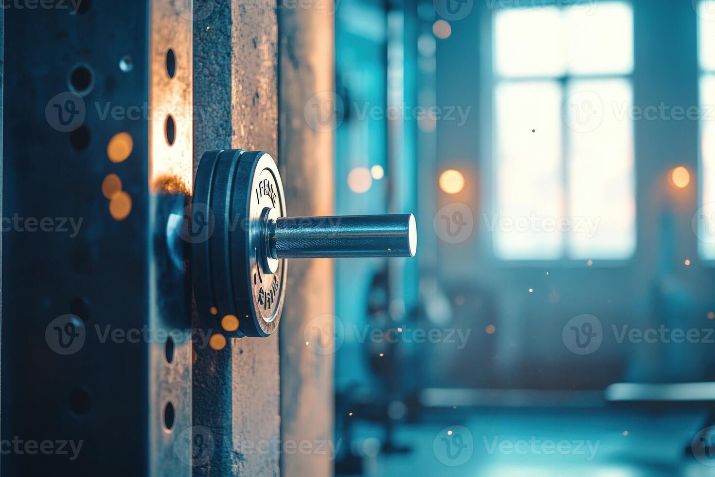 A gym door with a barbell on it photo