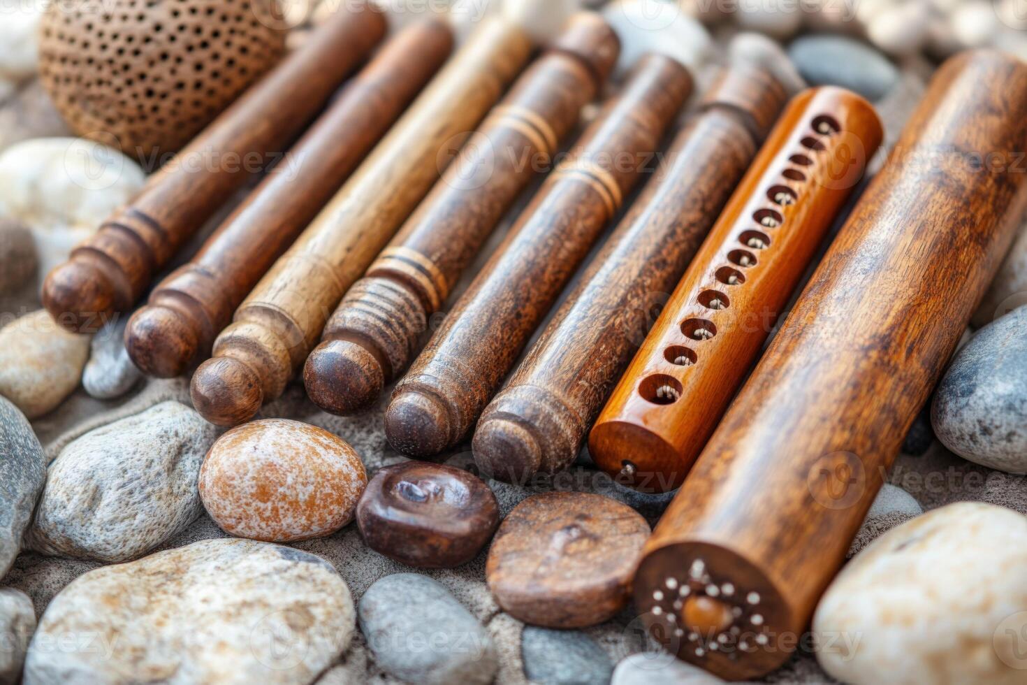 A group of wooden musical instruments on a rock photo