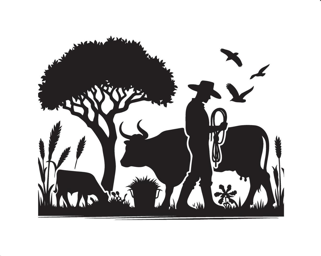 Silhouette of a Farmer Working in the Field vector