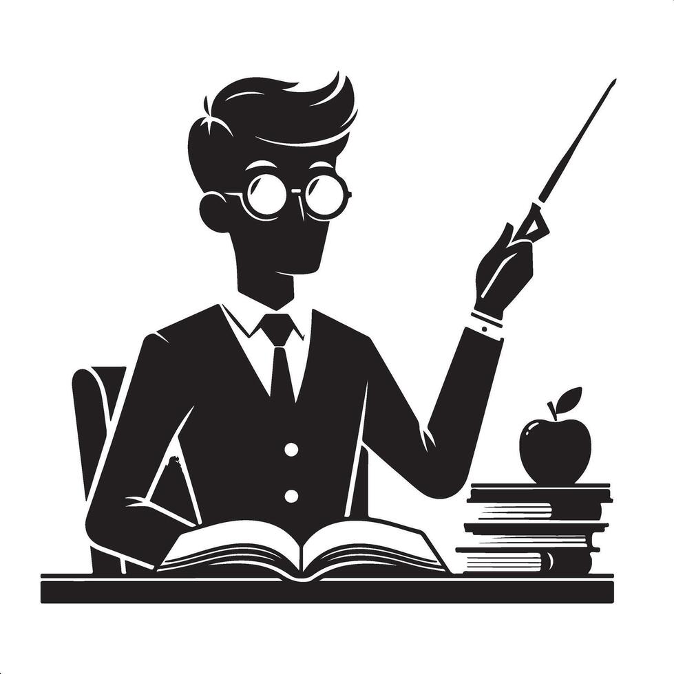 teacher with pointer and apple in hand, black and white illustration vector