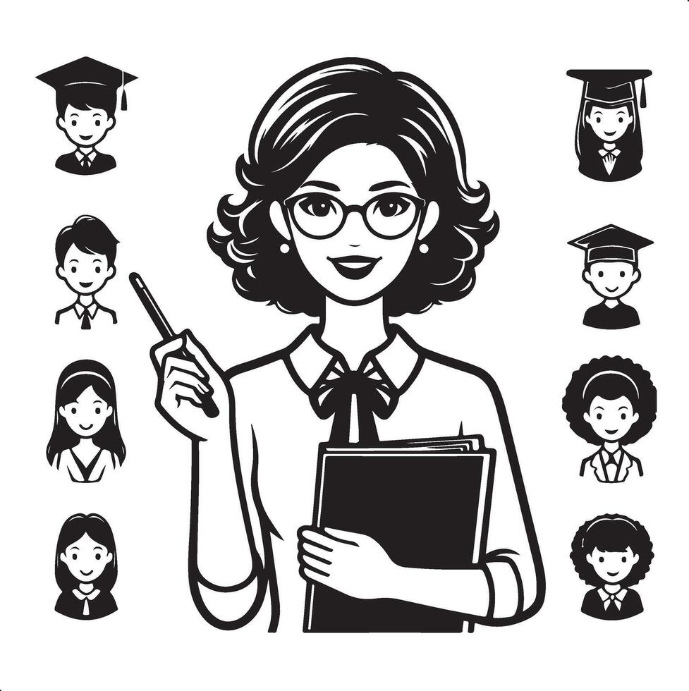 teacher with students icons set vector