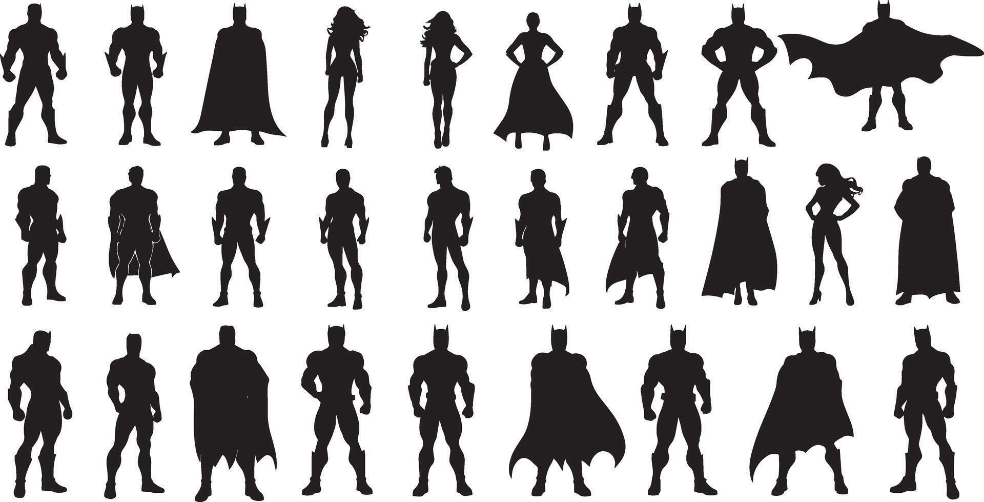 A large collection of silhouettes of various superhero characters vector