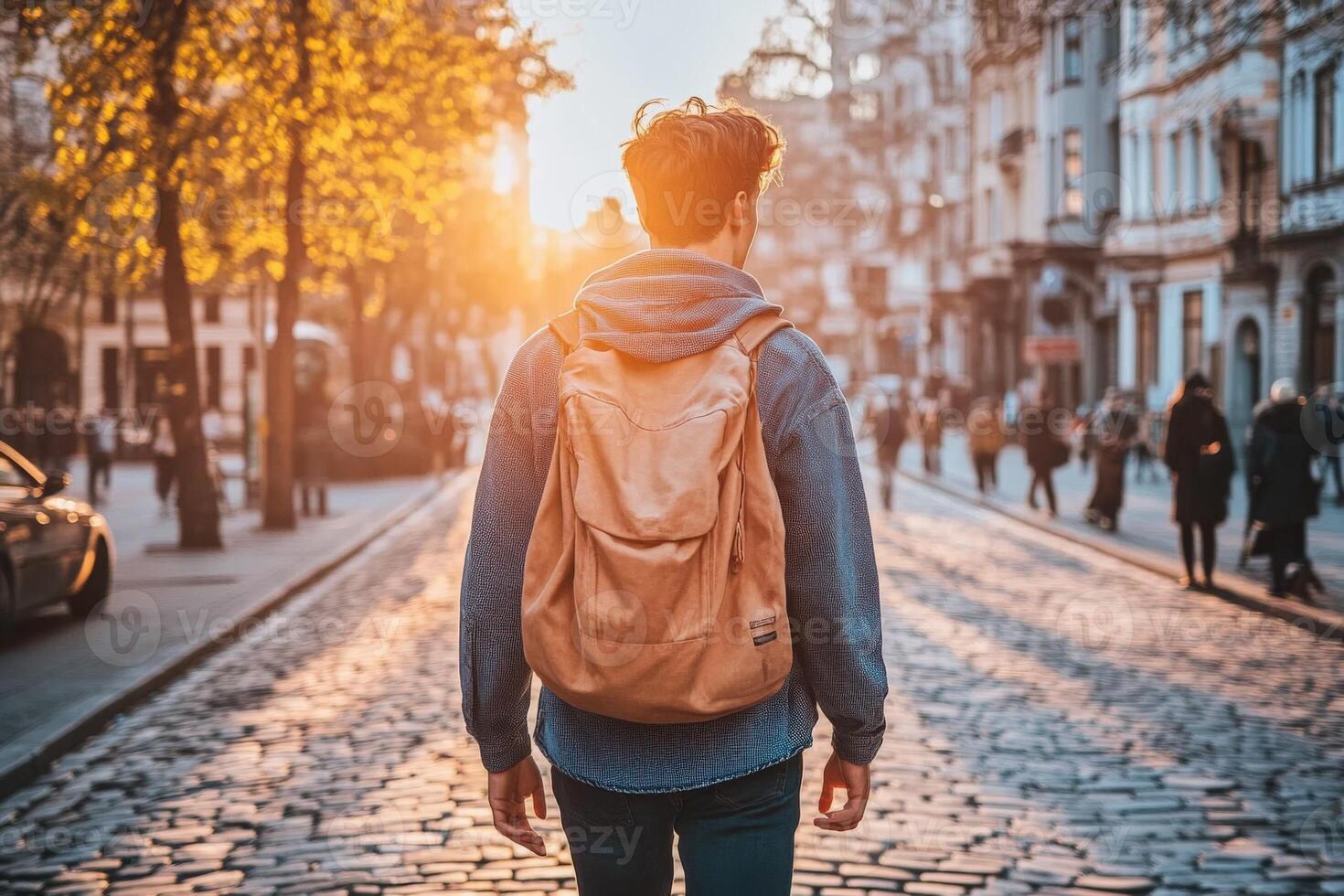 A man with a backpack walking down a street at sunset photo