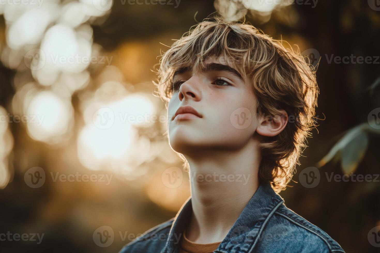 A young boy with a blue shirt and denim jacket looking up photo