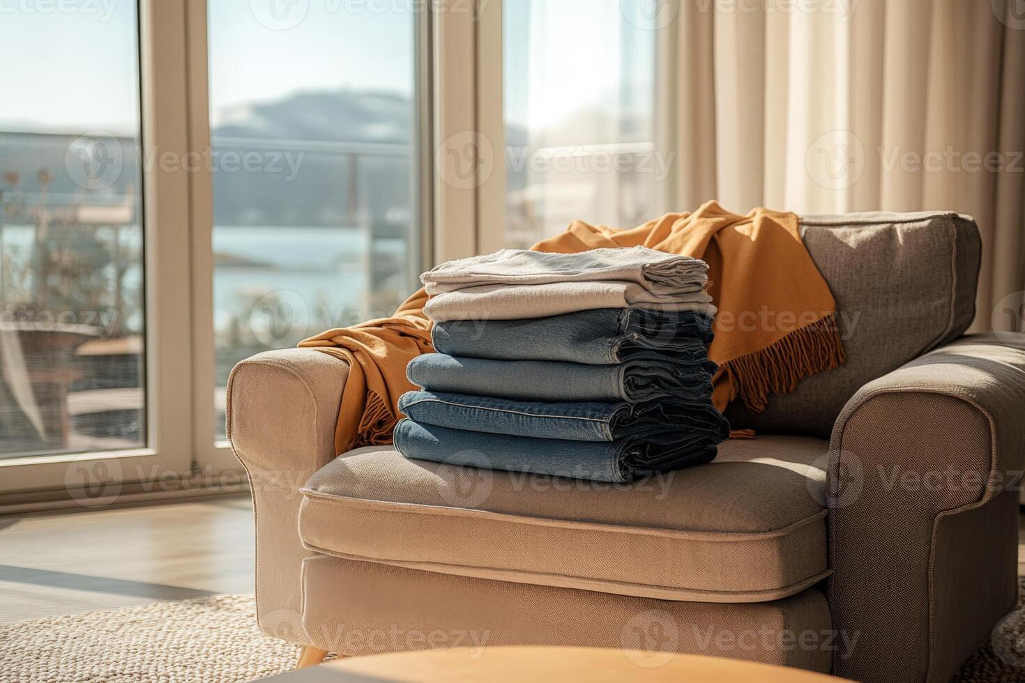 A stack of folded clothes on a chair in front of a window photo