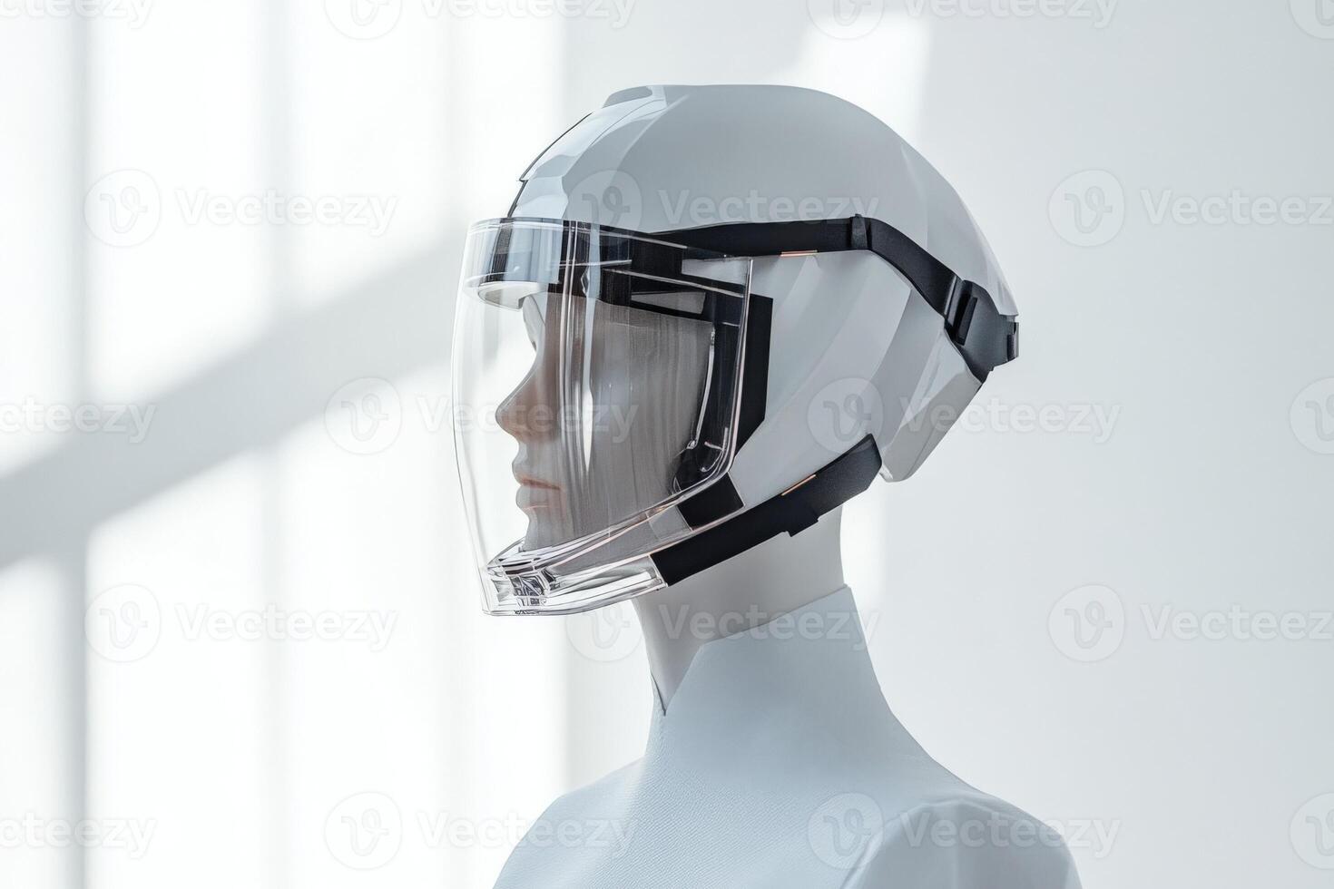 A mannequin wearing a helmet with a clear visor photo