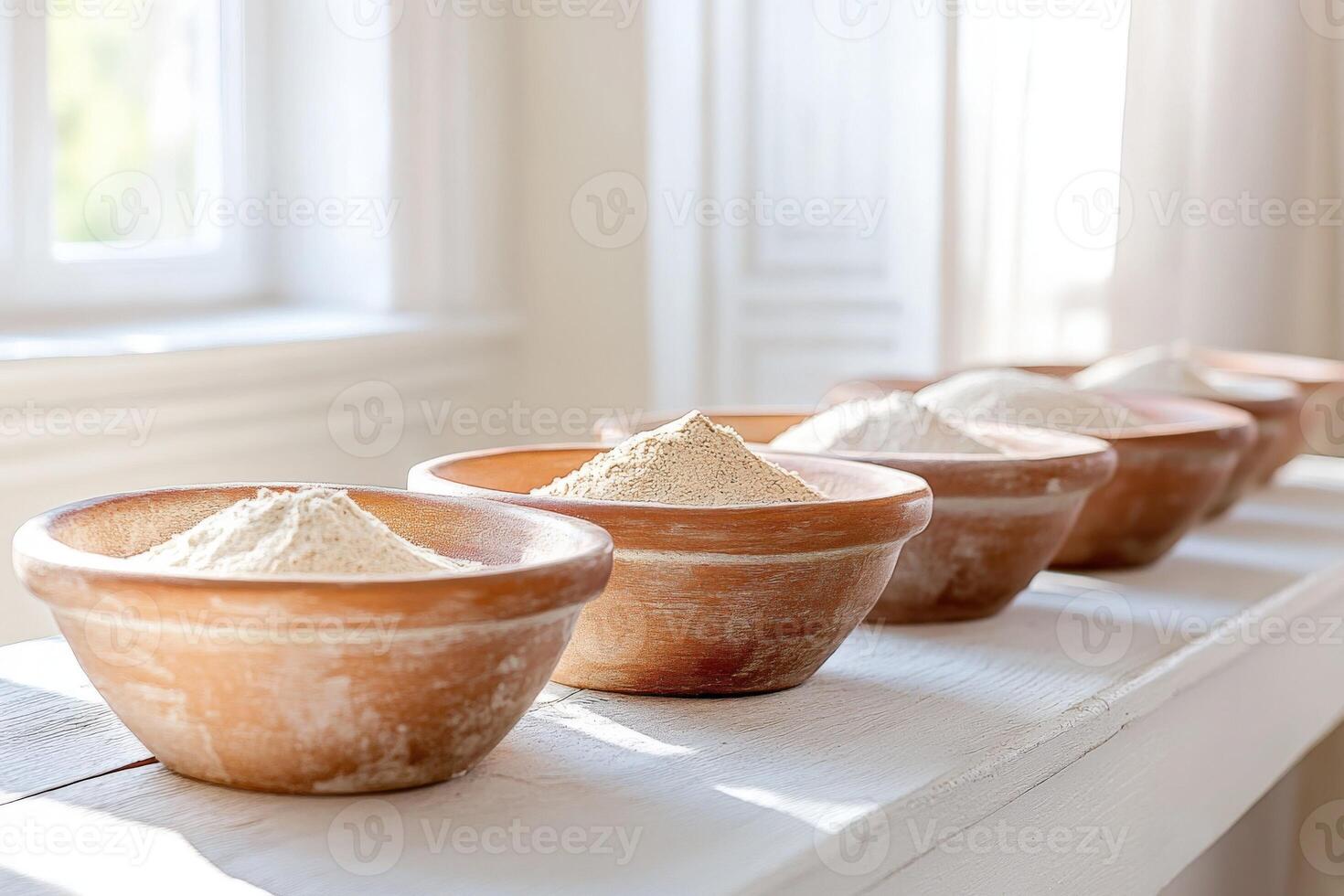 Five bowls of flour sit on a shelf photo