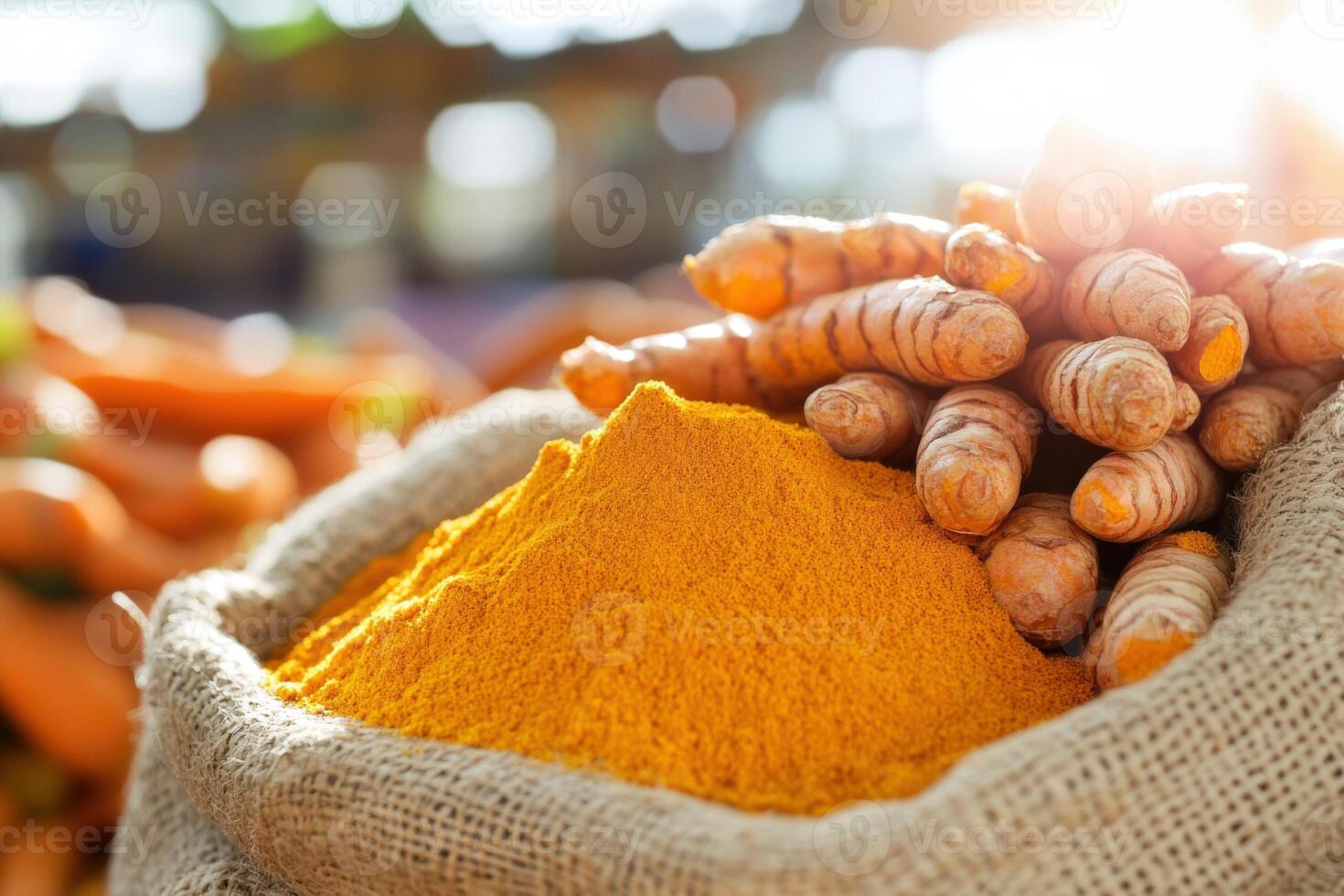 Tumeric and carrots in a sack photo
