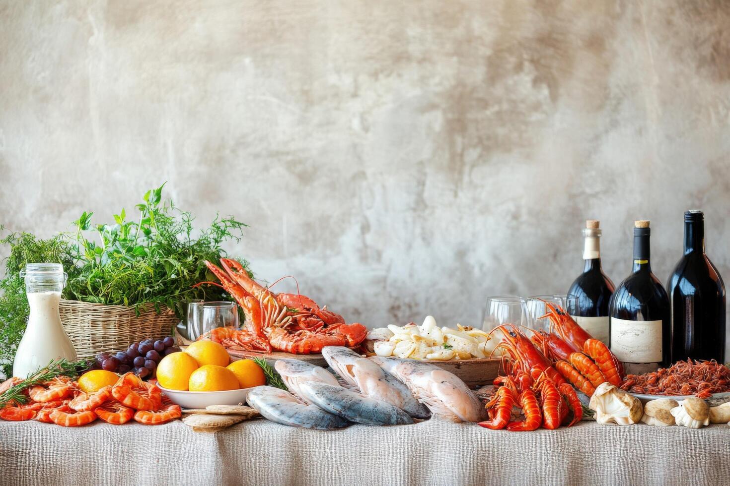 A table with seafood, wine and vegetables photo