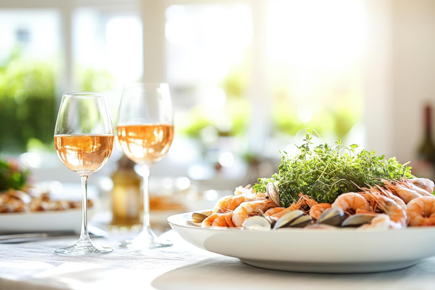 A table with wine glasses and shrimp photo