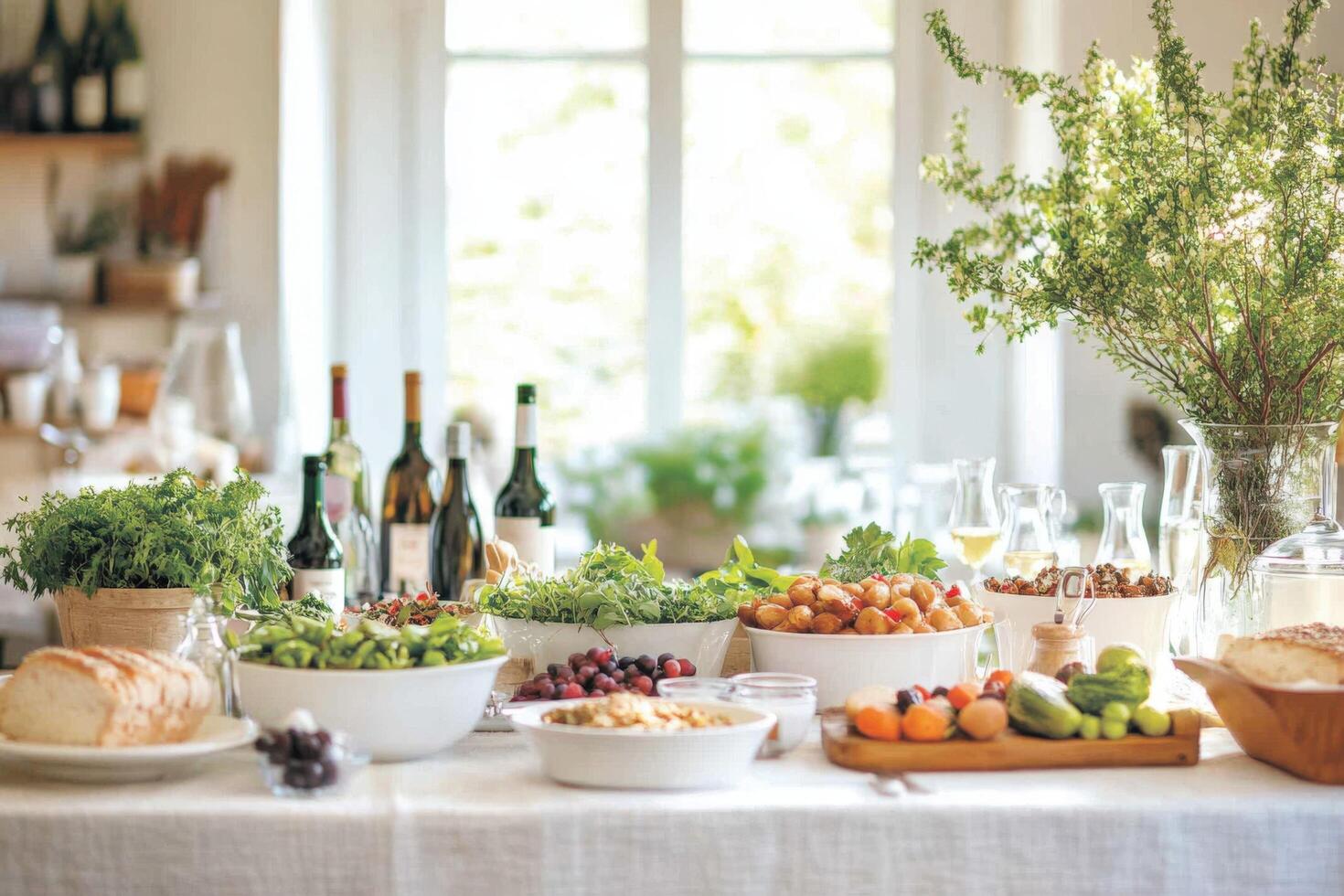 A table with a variety of food and wine photo