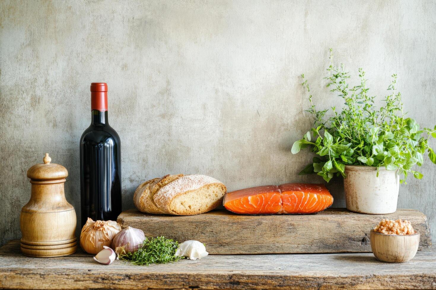 A wooden table with bread, wine and herbs photo