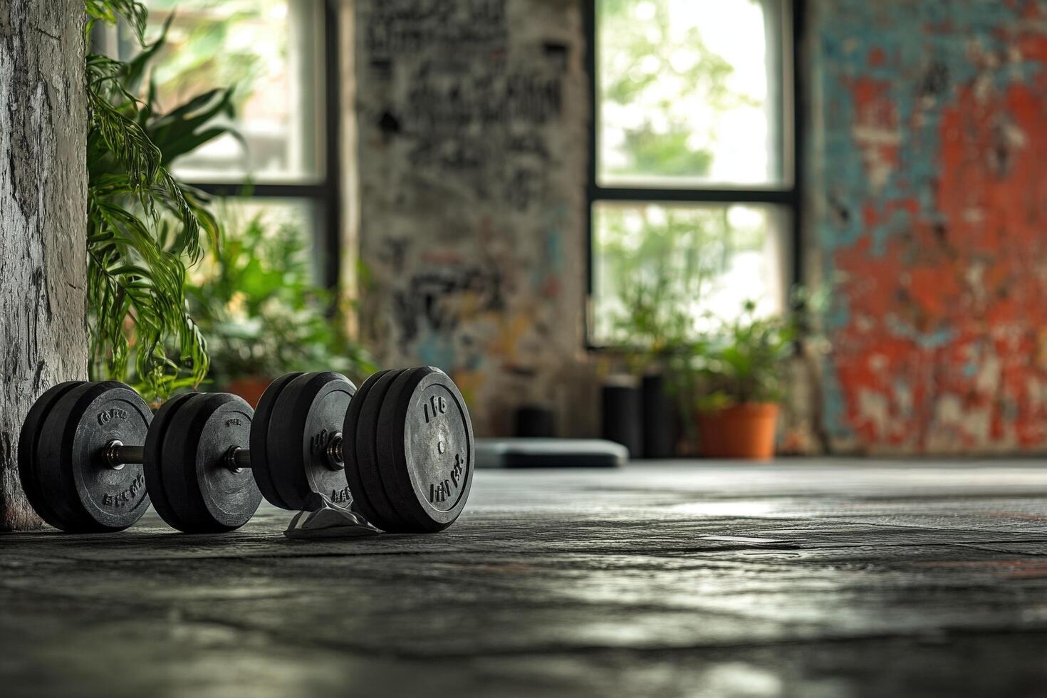 A pair of dumbbells sit on the floor in a gym photo