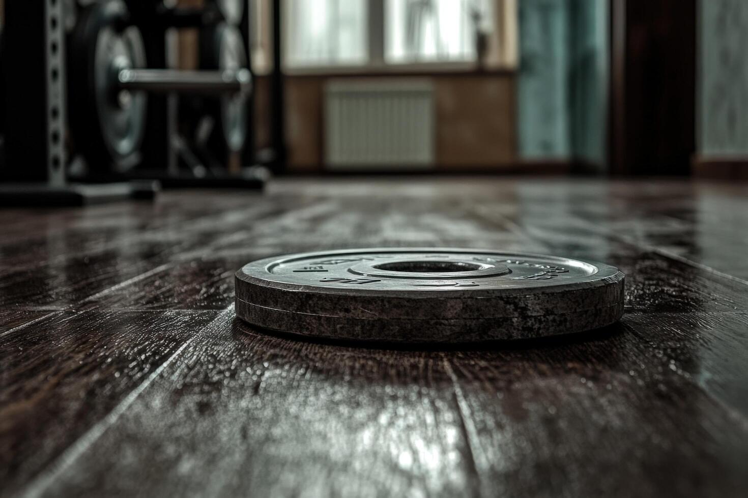 A weight plate sits on the floor in a gym photo
