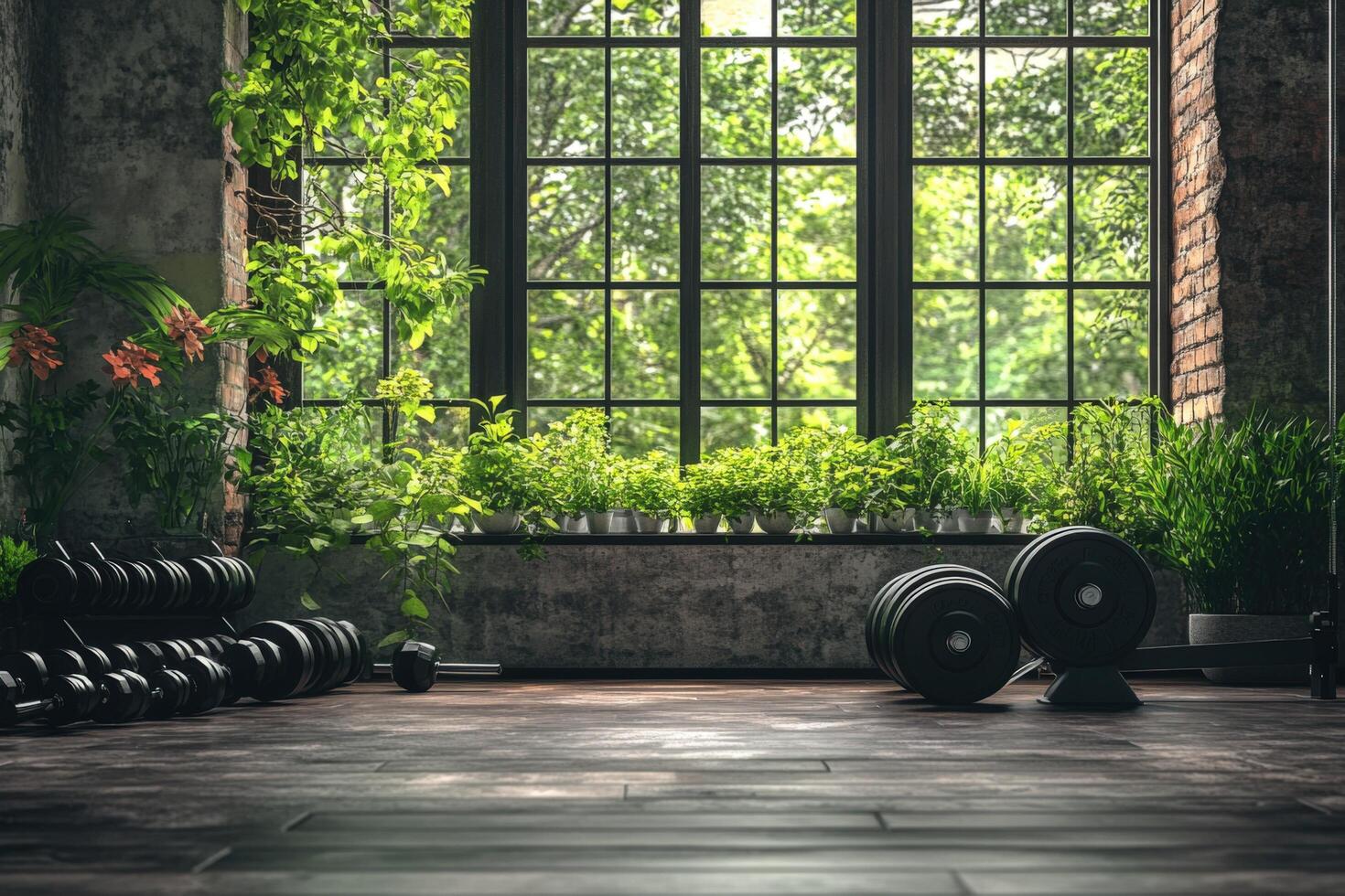 A gym room with a window and plants photo