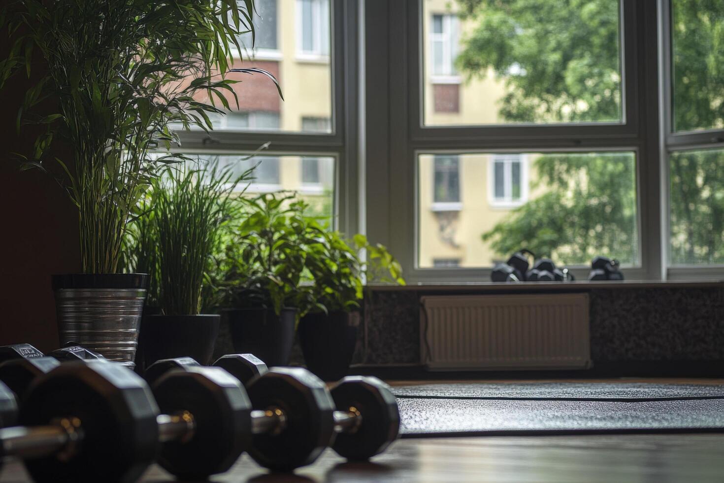 A gym room with dumbbells and plants photo