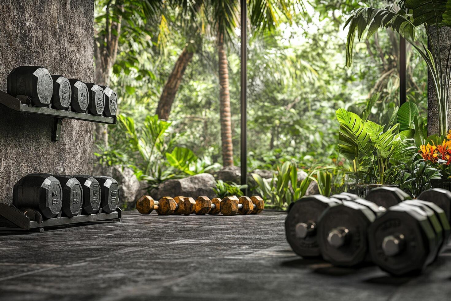 A gym with weights and a jungle background photo