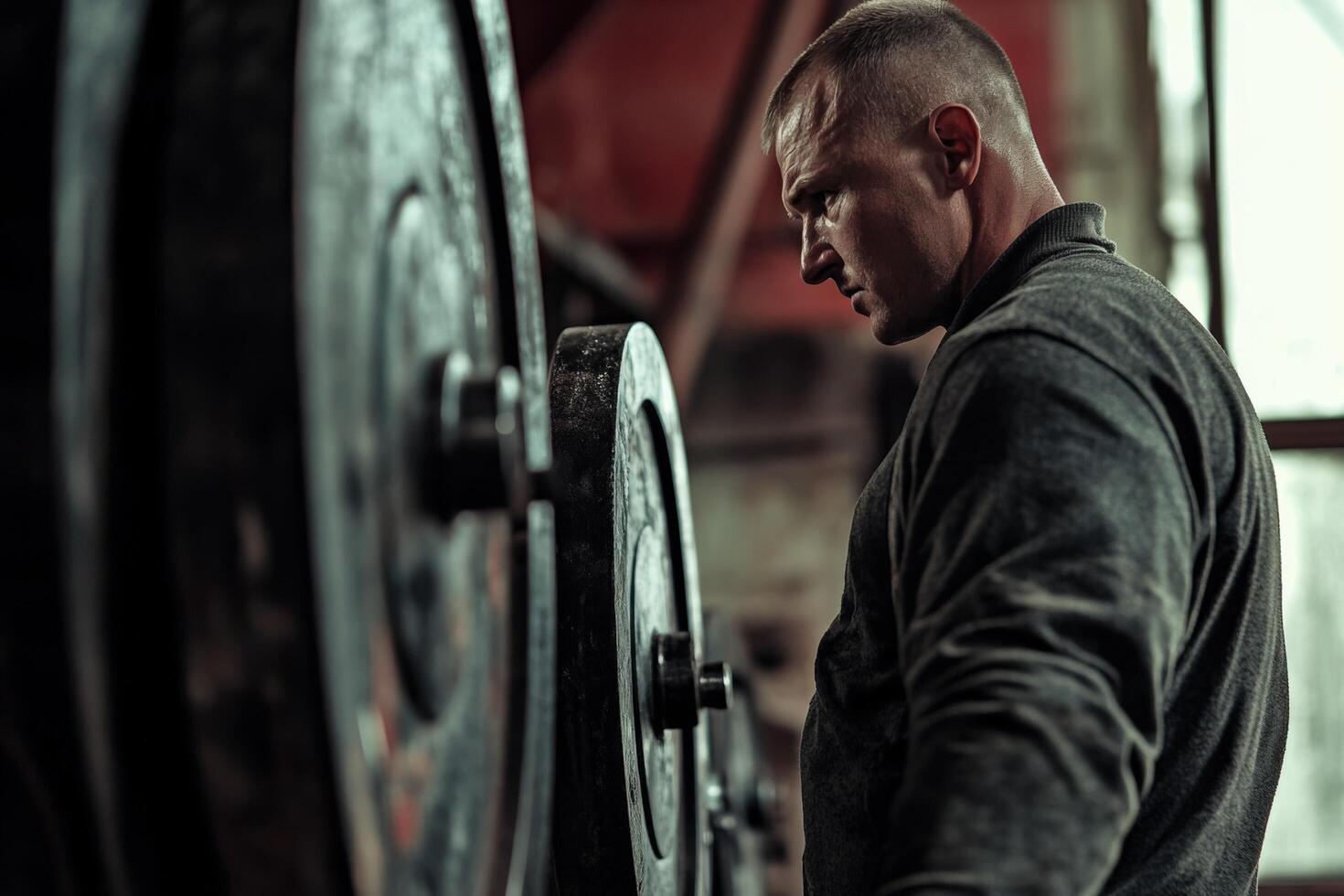 A man is standing in front of a barbell photo