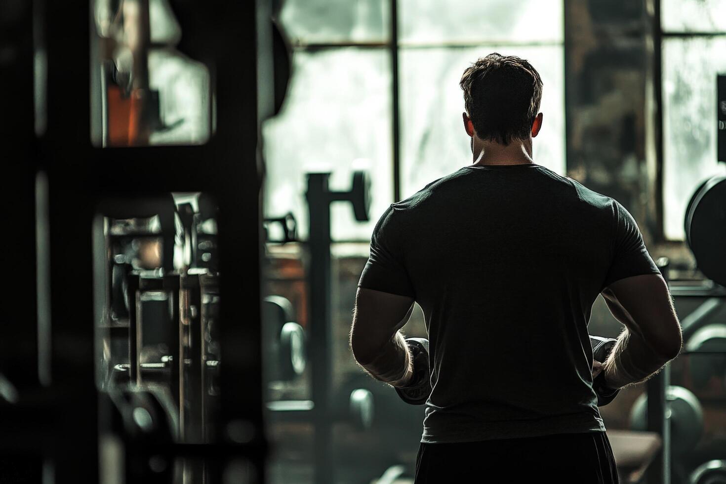 A man is standing in a gym with weights photo