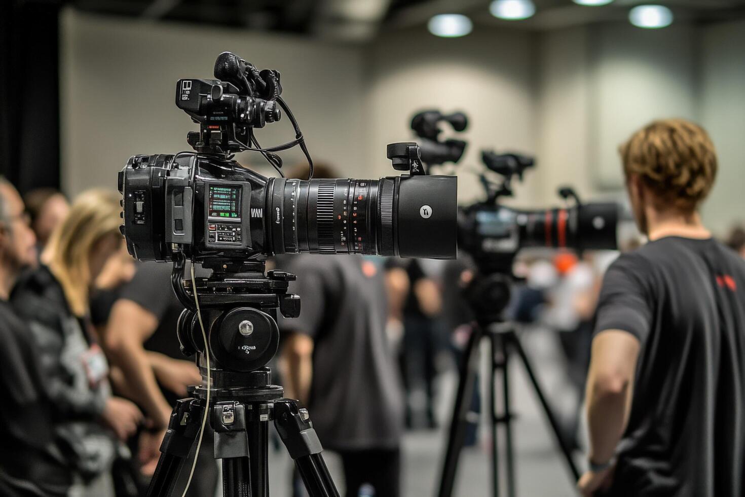 A group of people standing around a camera photo