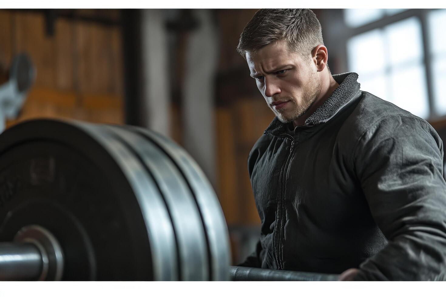 A man is lifting a barbell in a gym photo
