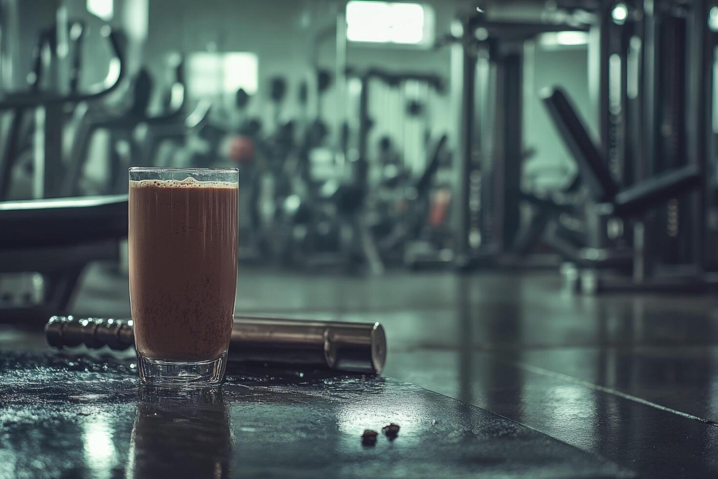 A glass of milk and a protein shake in a gym photo