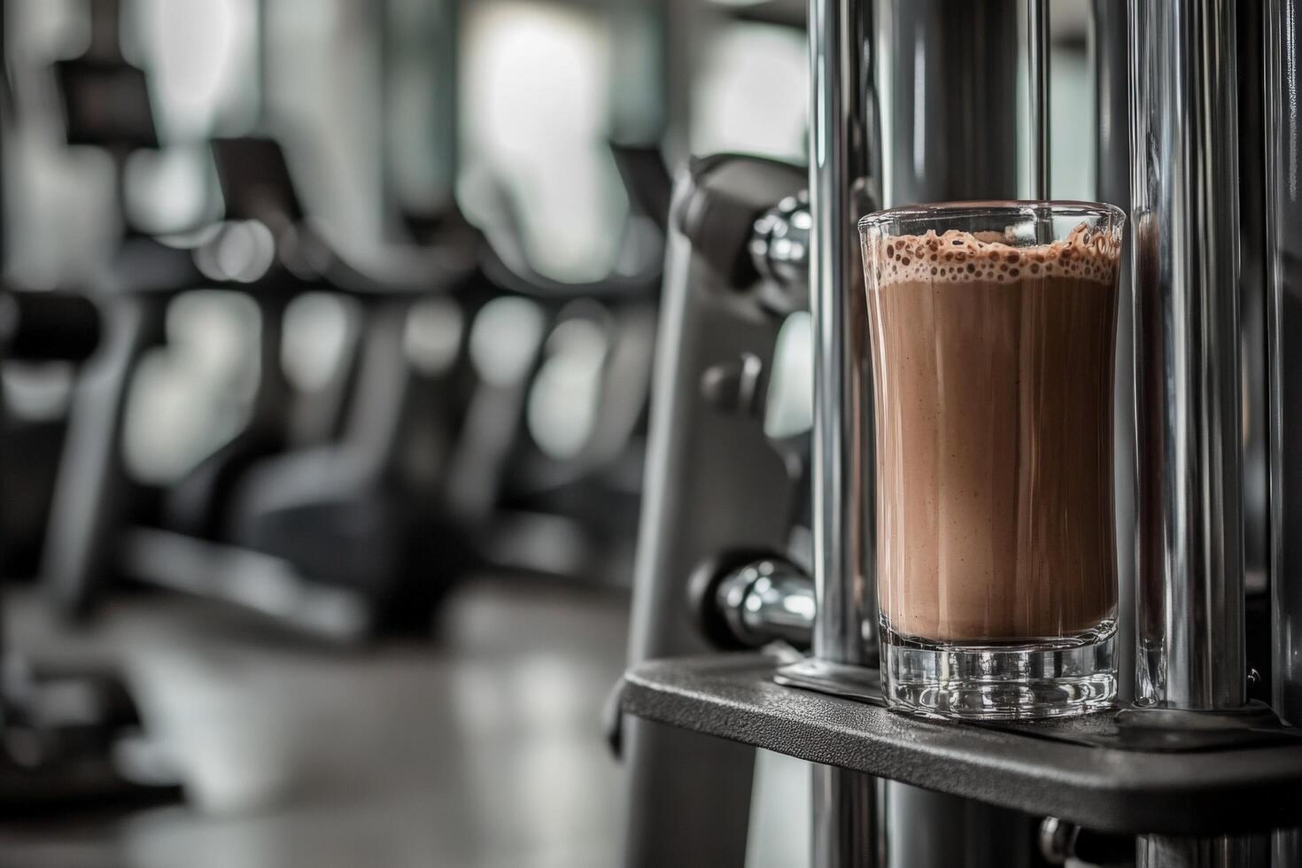 A glass of chocolate milk sits on a machine in a gym photo