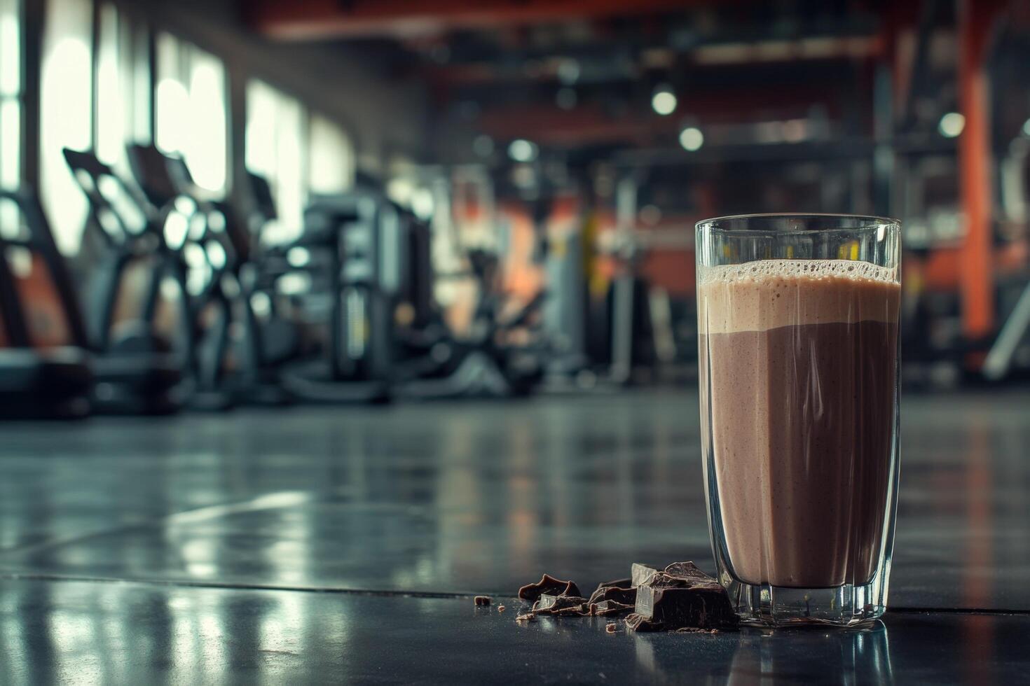 A glass of chocolate milk sits on the floor in a gym photo