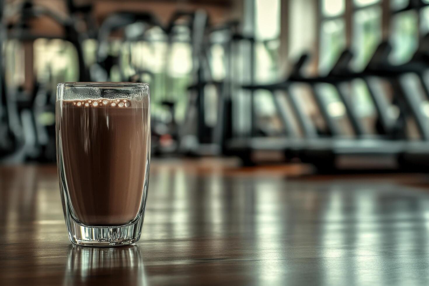 A glass of chocolate milk sitting on a table in a gym photo