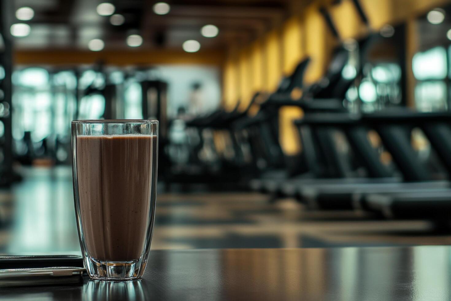 A glass of chocolate milk sitting on a table in a gym photo