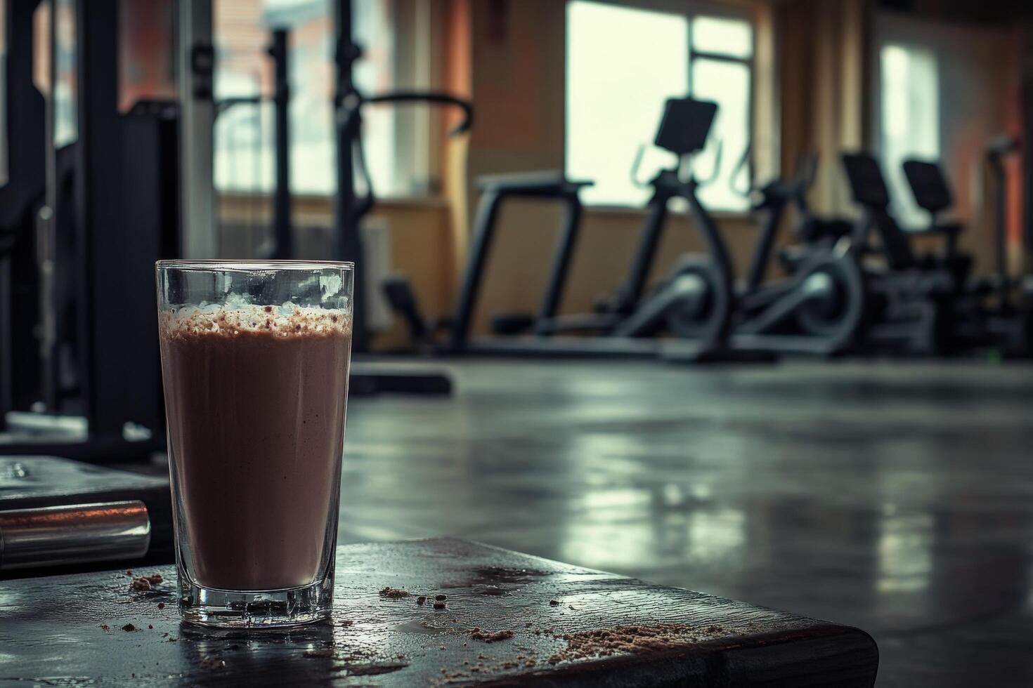 A glass of chocolate milk sits on a table in a gym photo