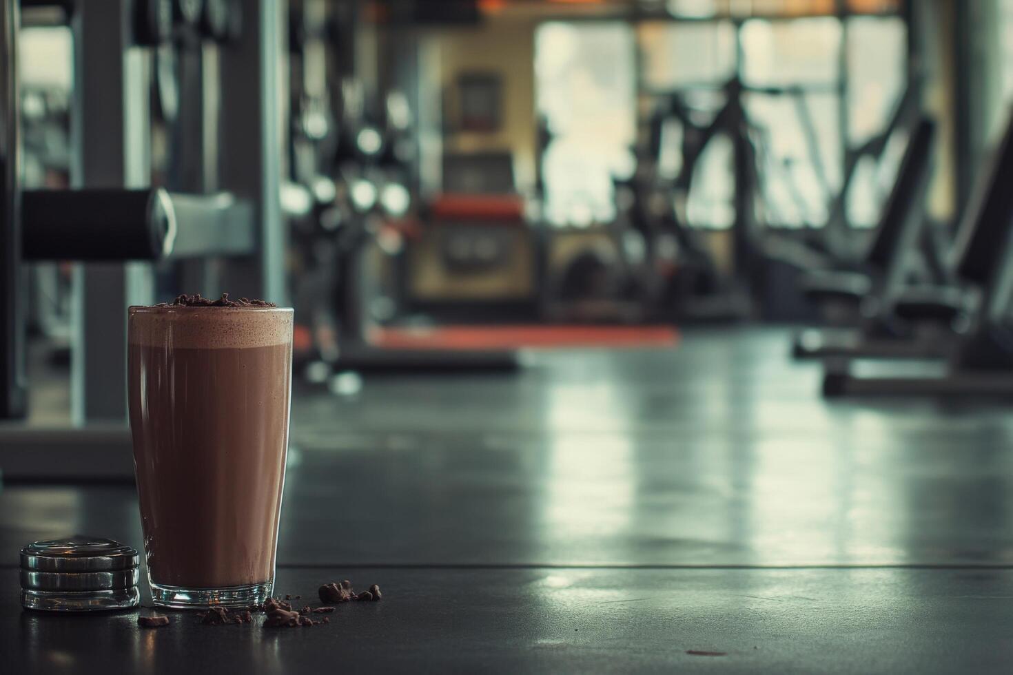 A glass of chocolate milk sits on the floor in a gym photo