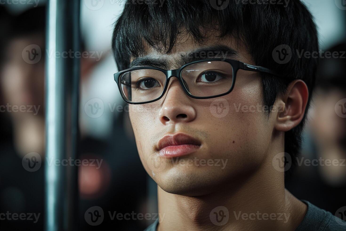 A young man with glasses looking at the camera photo