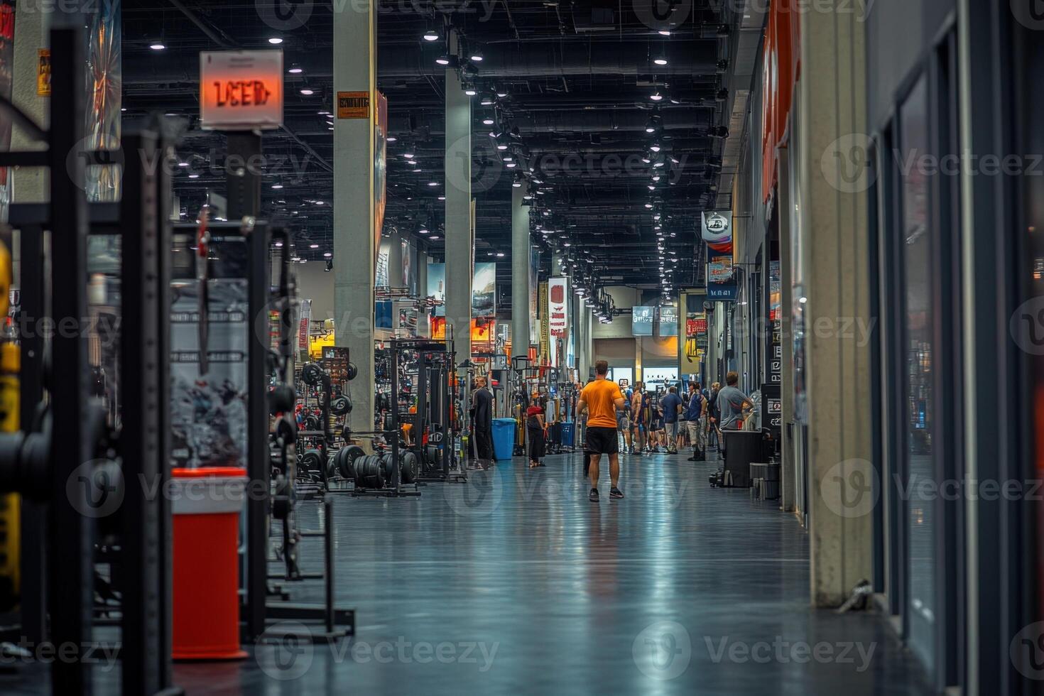 A man walking through a gym with a lot of equipment photo