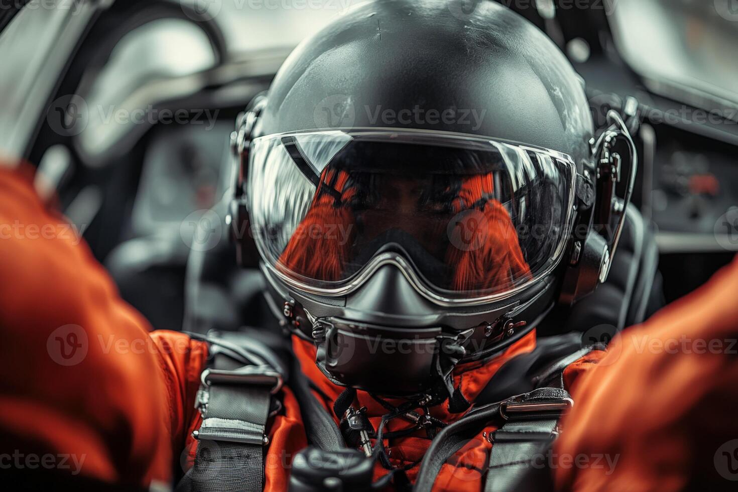 A man in an orange jacket and helmet is sitting in the cockpit of a fighter jet photo