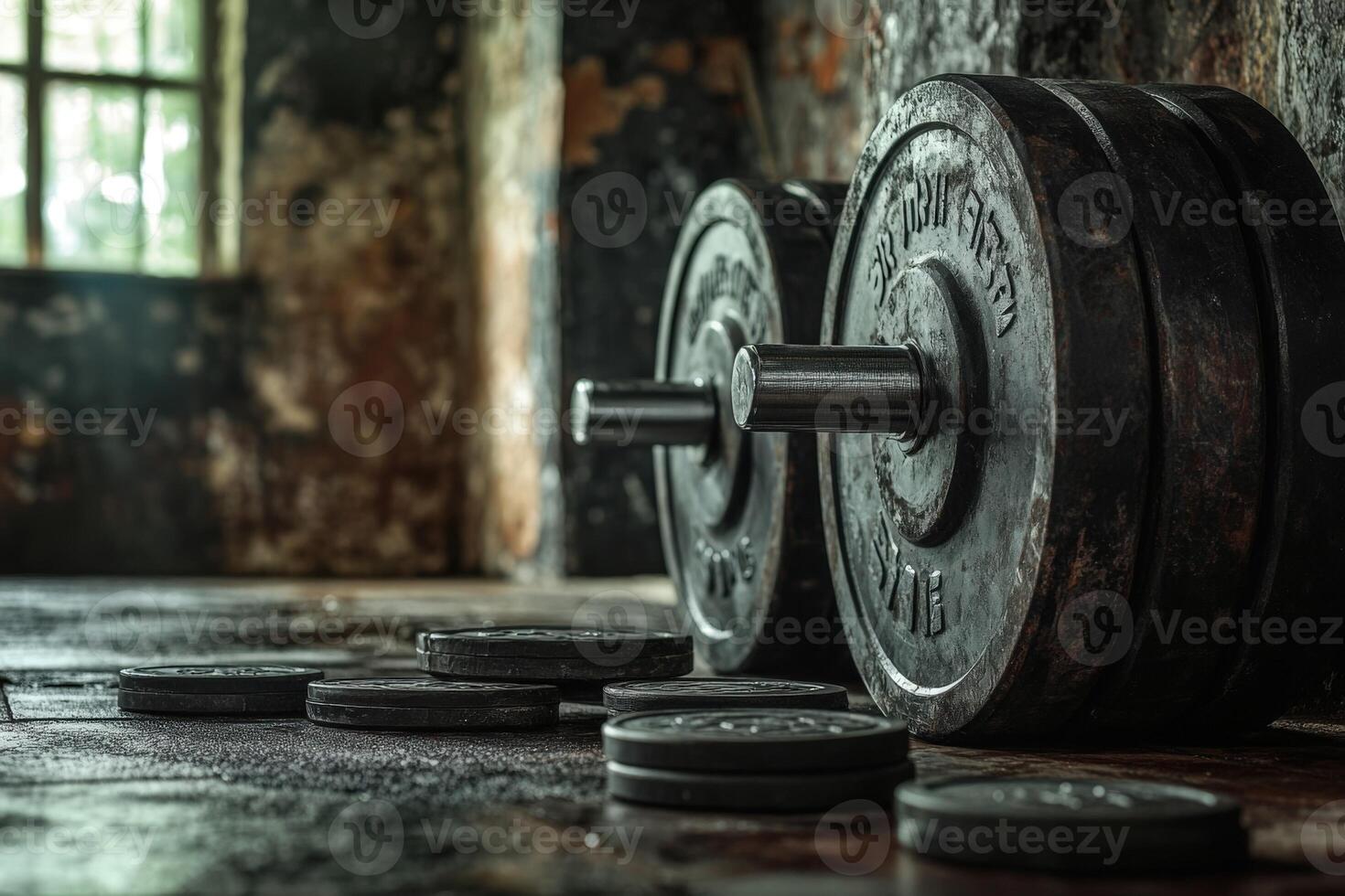 Two dumbbells and a barbell on a wooden floor photo