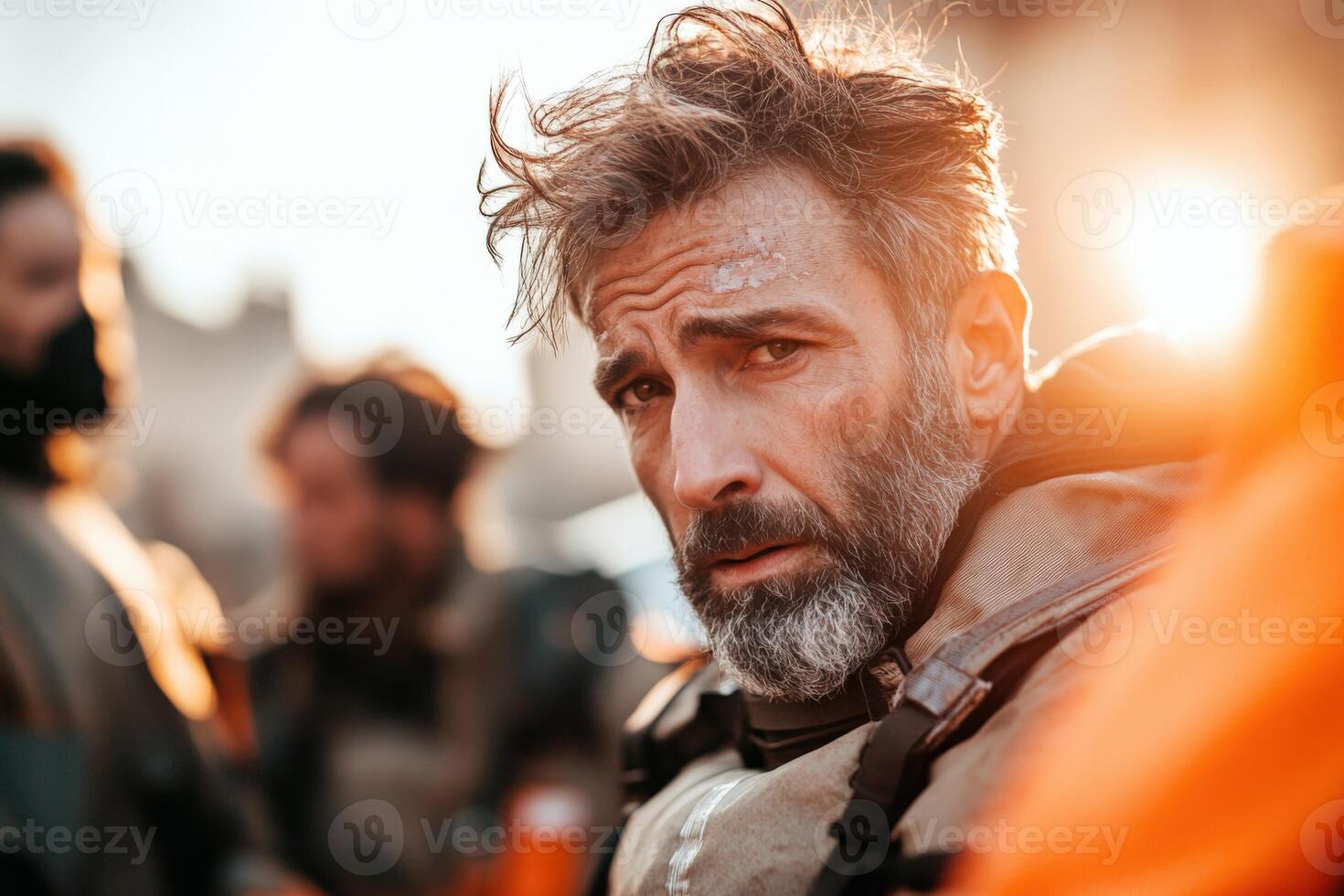 A man with a beard and beard standing in front of other people photo