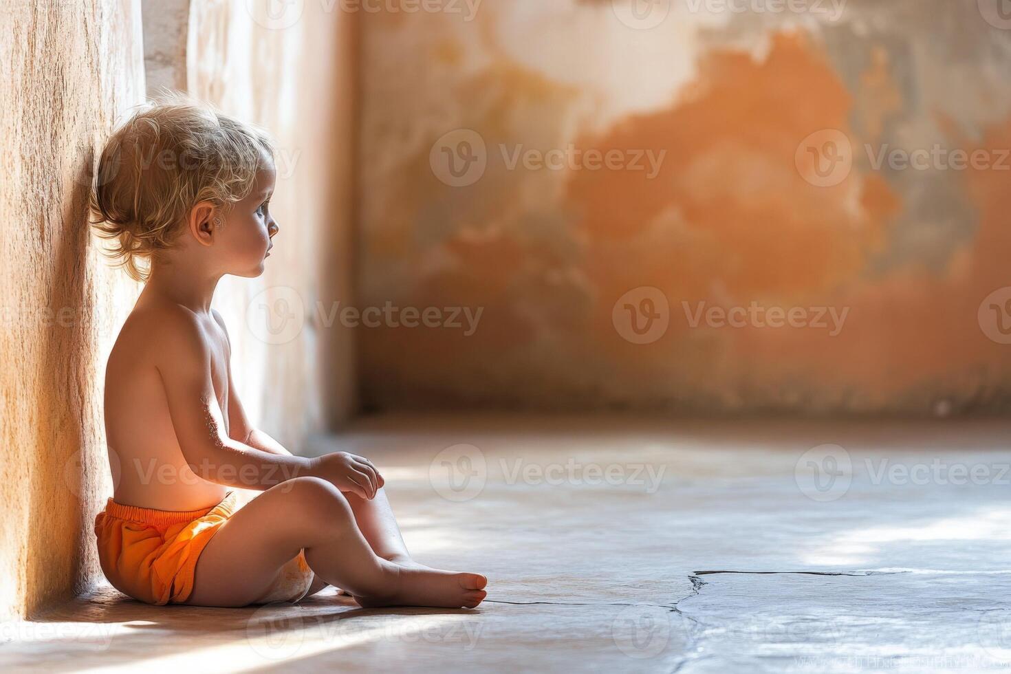 A young child sitting on the floor in an empty room photo