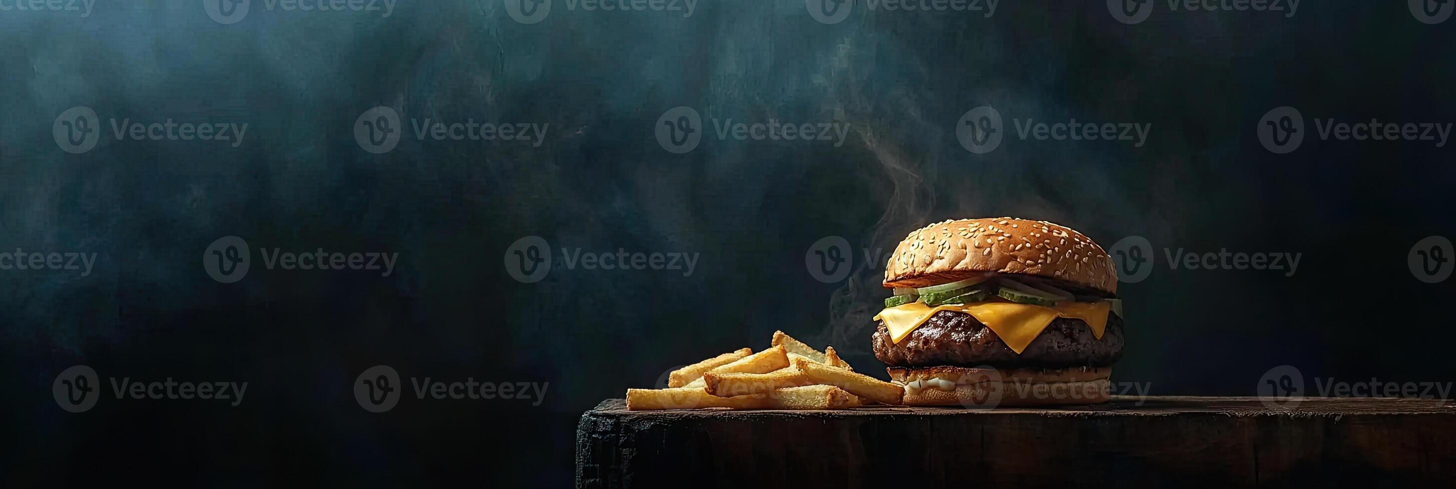 A hamburger with cheese and fries on a wooden board, against a dark background with space for text photo