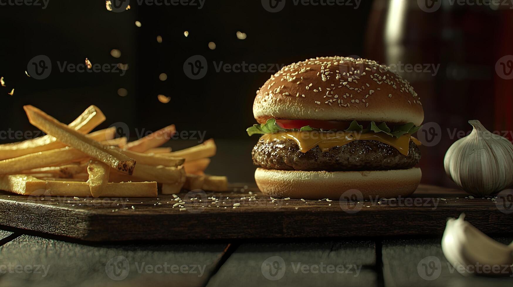 Close-up of a hamburger with fries and garlic on a wooden board against a dark background photo