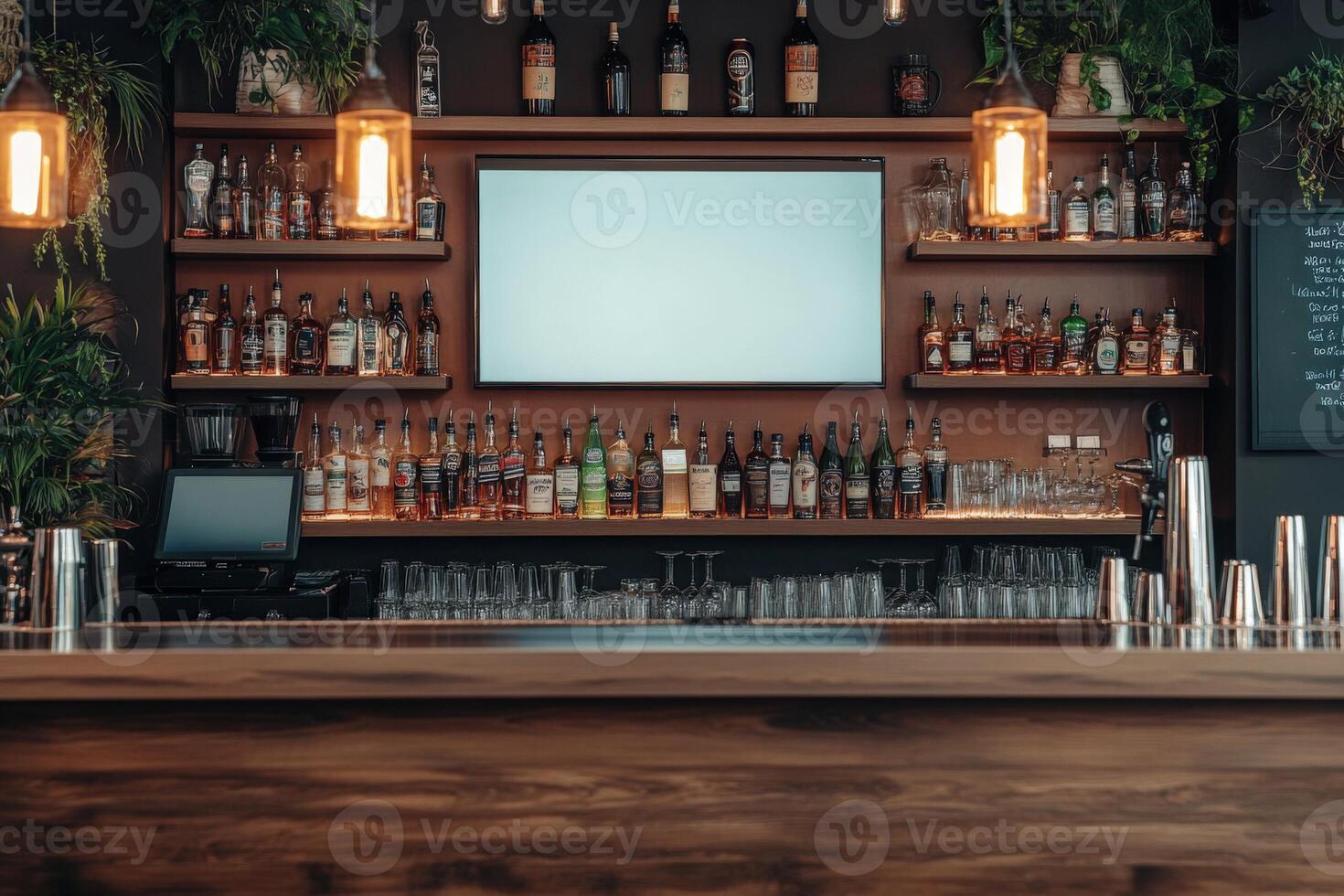 A bar with a large screen on the wall photo