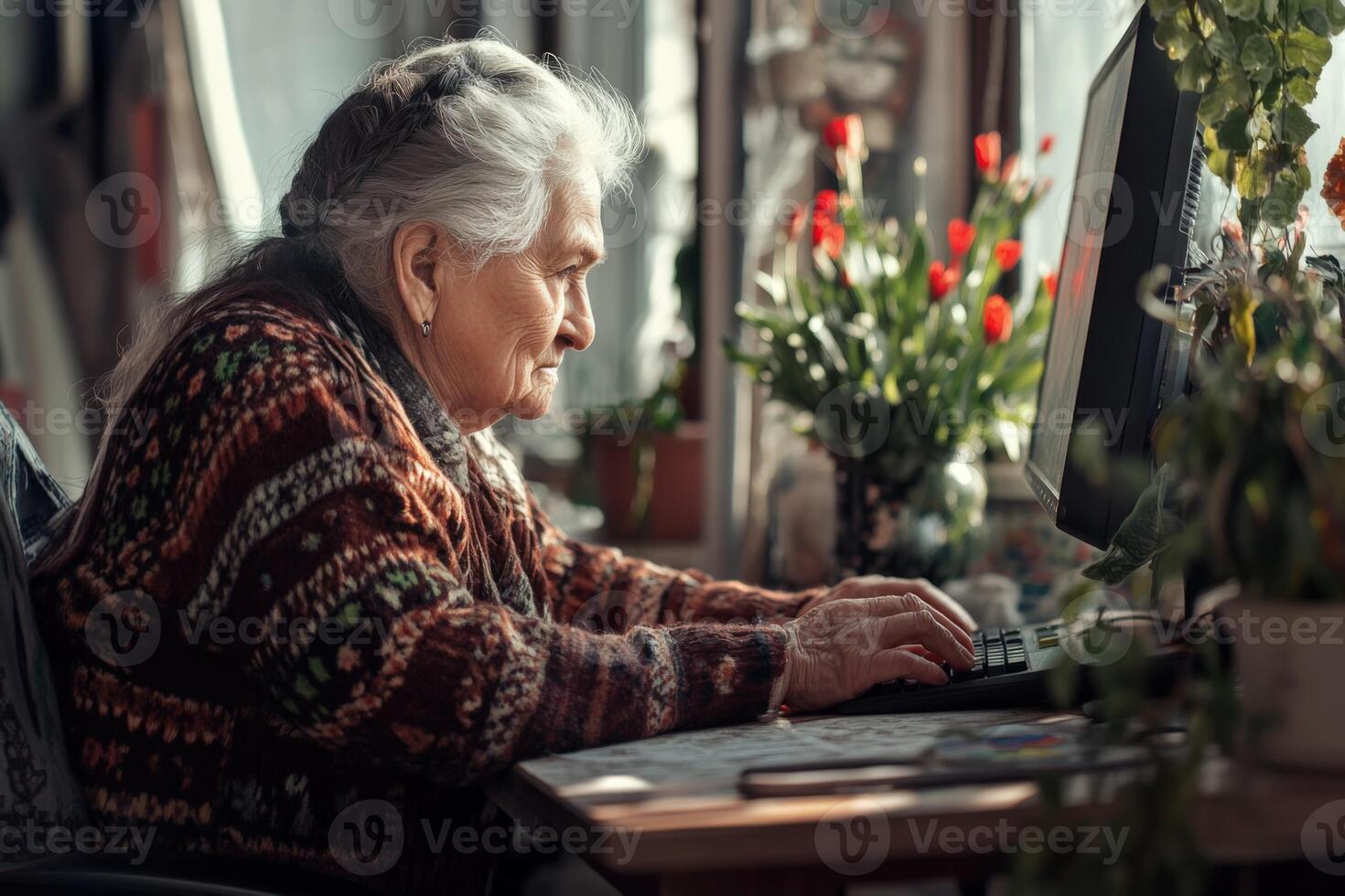 An elderly woman is sitting at a desk using a computer photo