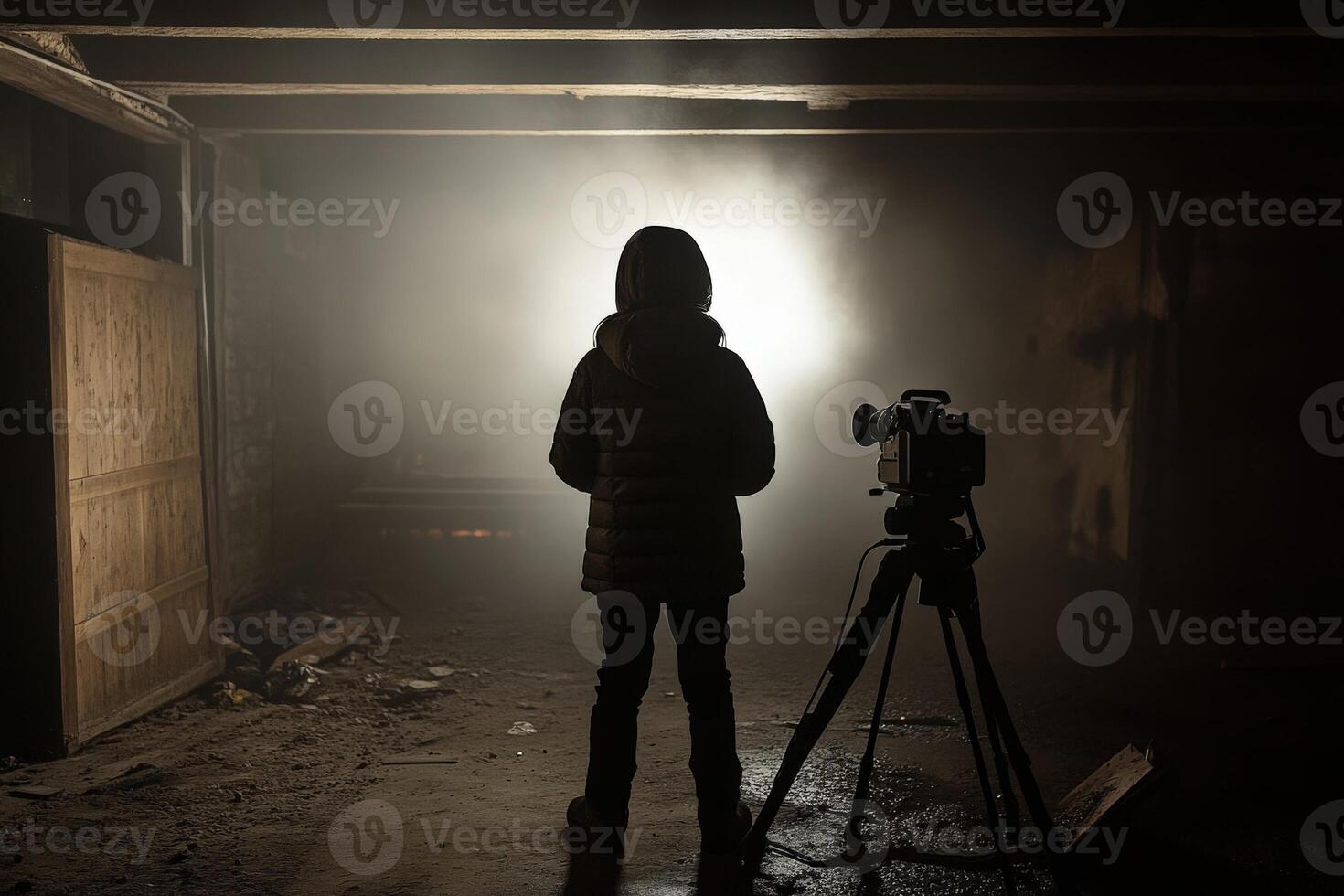 A person standing in an old abandoned building with a camera photo