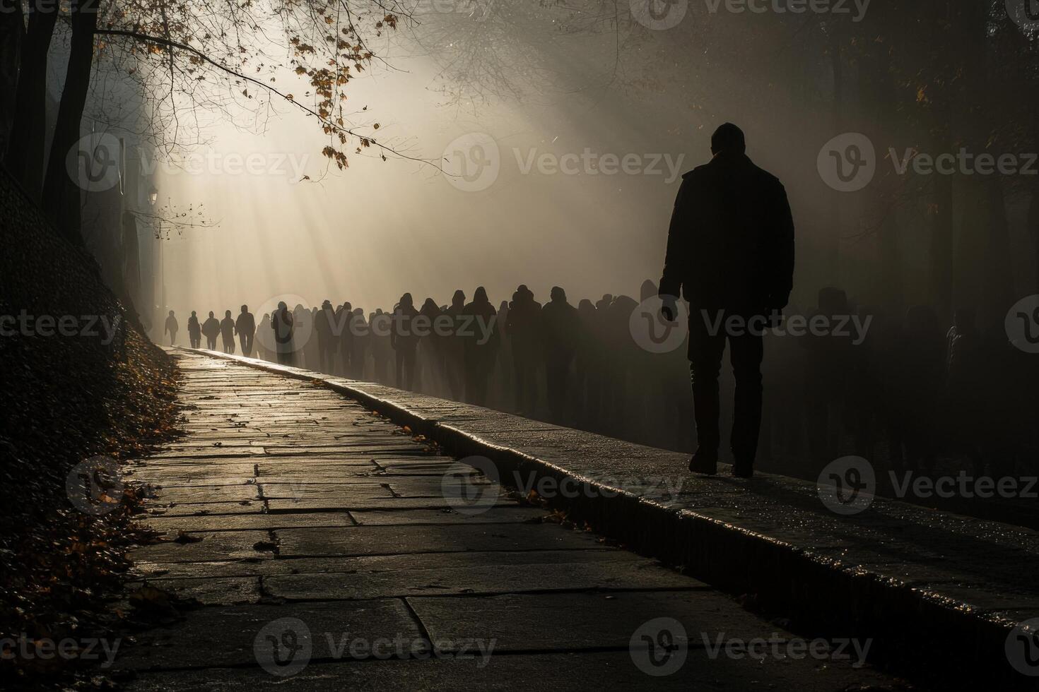 A man walking down a path in the fog photo