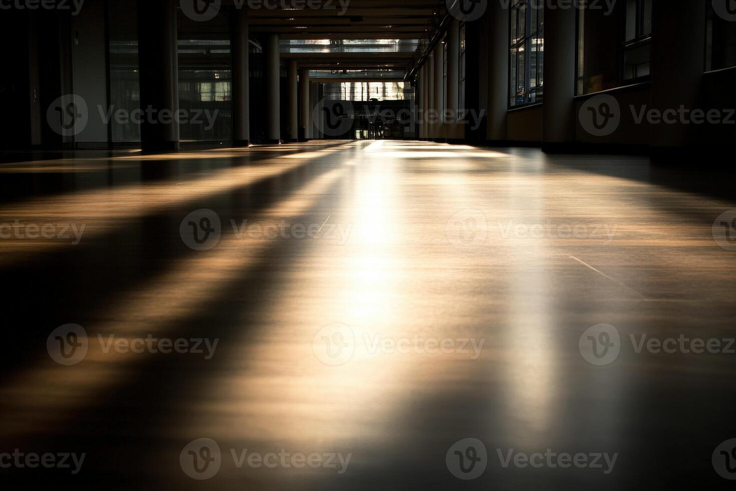 A long hallway with sunlight shining through the windows photo