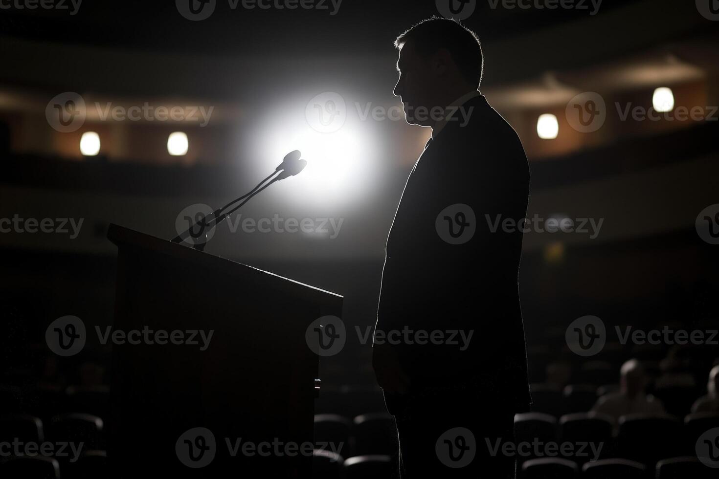 A man stands at a podium in front of a crowd photo