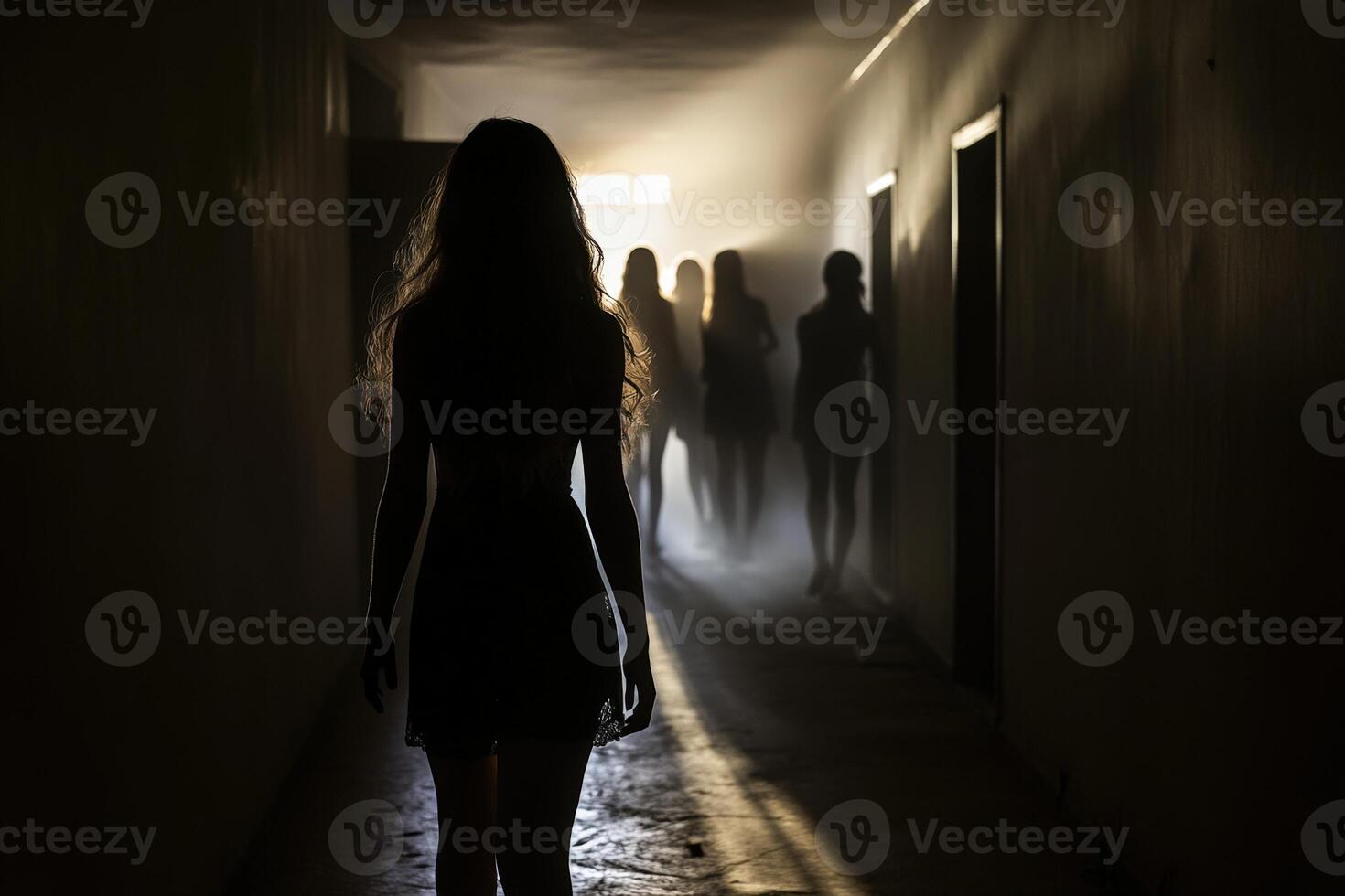 A woman is walking down a hallway with a group of people behind her photo
